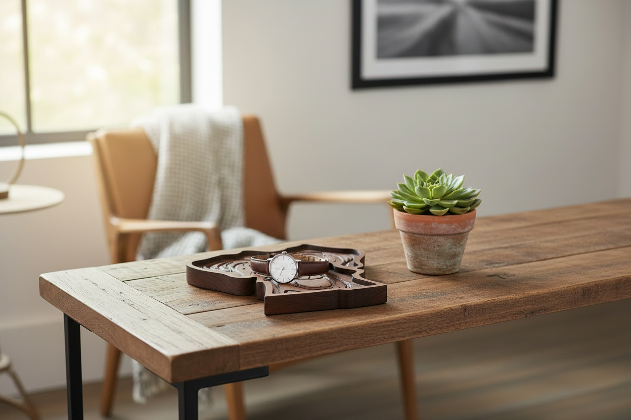 Great Dane engraved cherry wood catch-all tray on a rustic entryway console table with a single watch