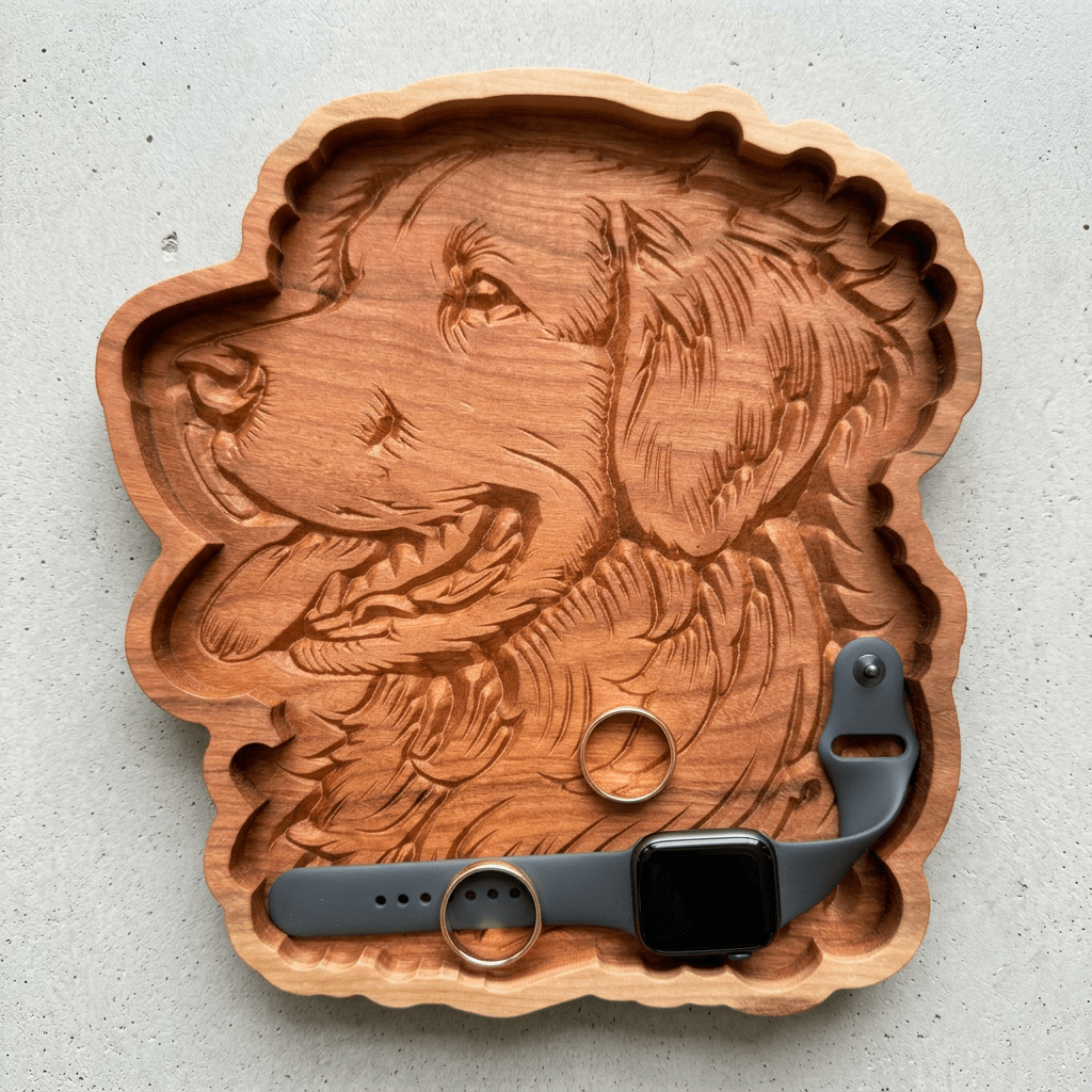 Solid Cherry Wood Golden Retriever Catch-All Tray – Version 3 - NW Timber Studio