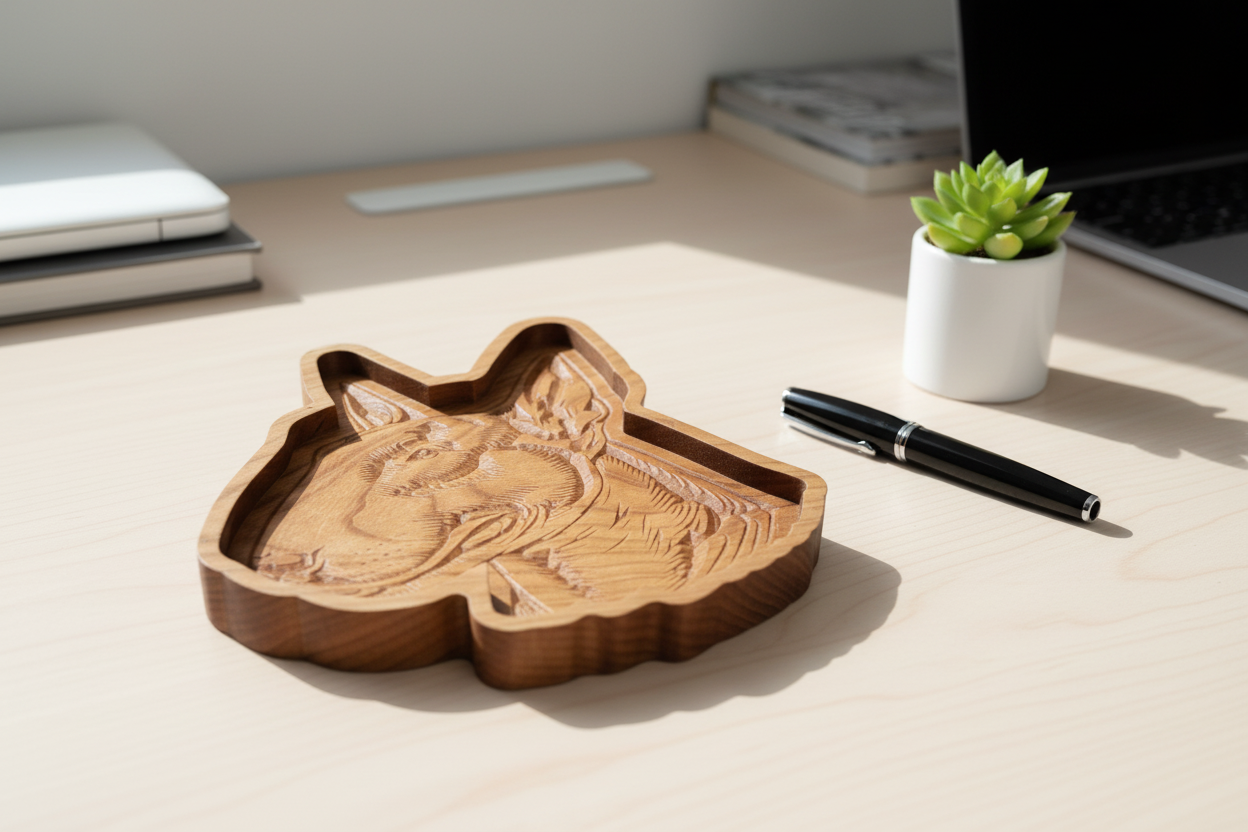 Bull Terrier wooden catch-all tray on home office desk with pen and succulent