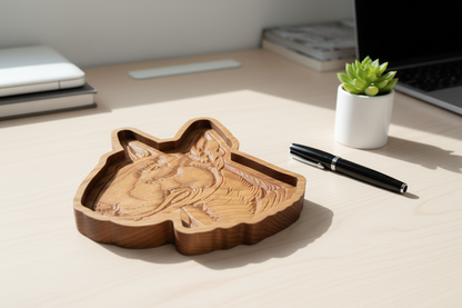Bull Terrier wooden catch-all tray on home office desk with pen and succulent