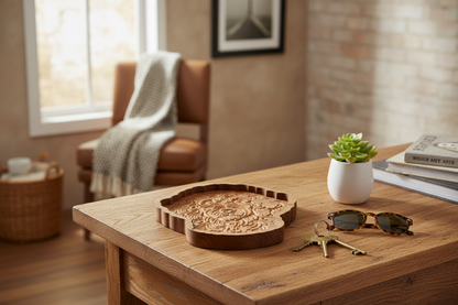 Labradoodle catch-all tray styled on an entryway table with keys, sunglasses, and a succulent