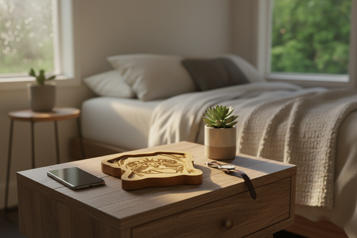 Pug Tongue Out Catch-All Tray on a bedroom nightstand with phone, watch, and plant