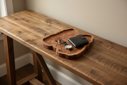 Cherrywood Collie catch-all tray on entryway console table with keys, watch, and wallet