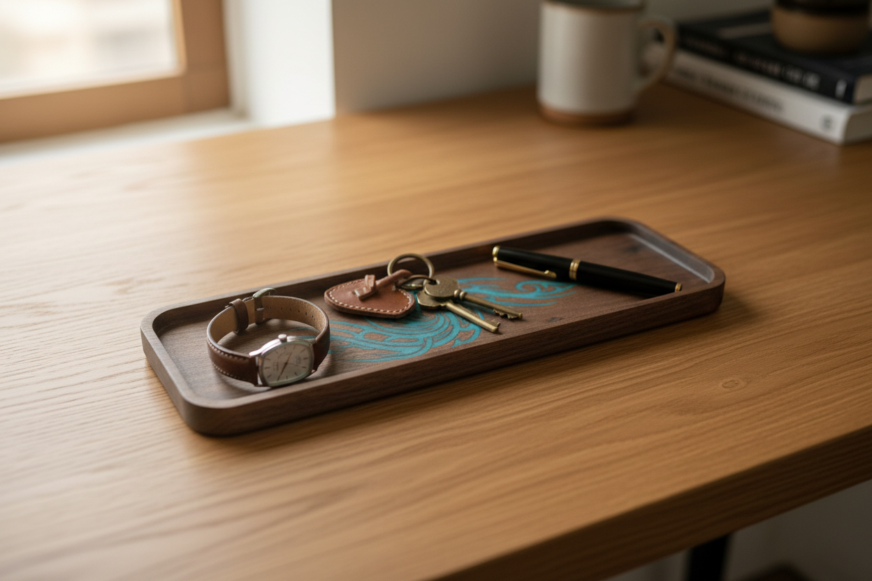 Black walnut turquoise resin tray styled on a modern desk with watch, keys and pen