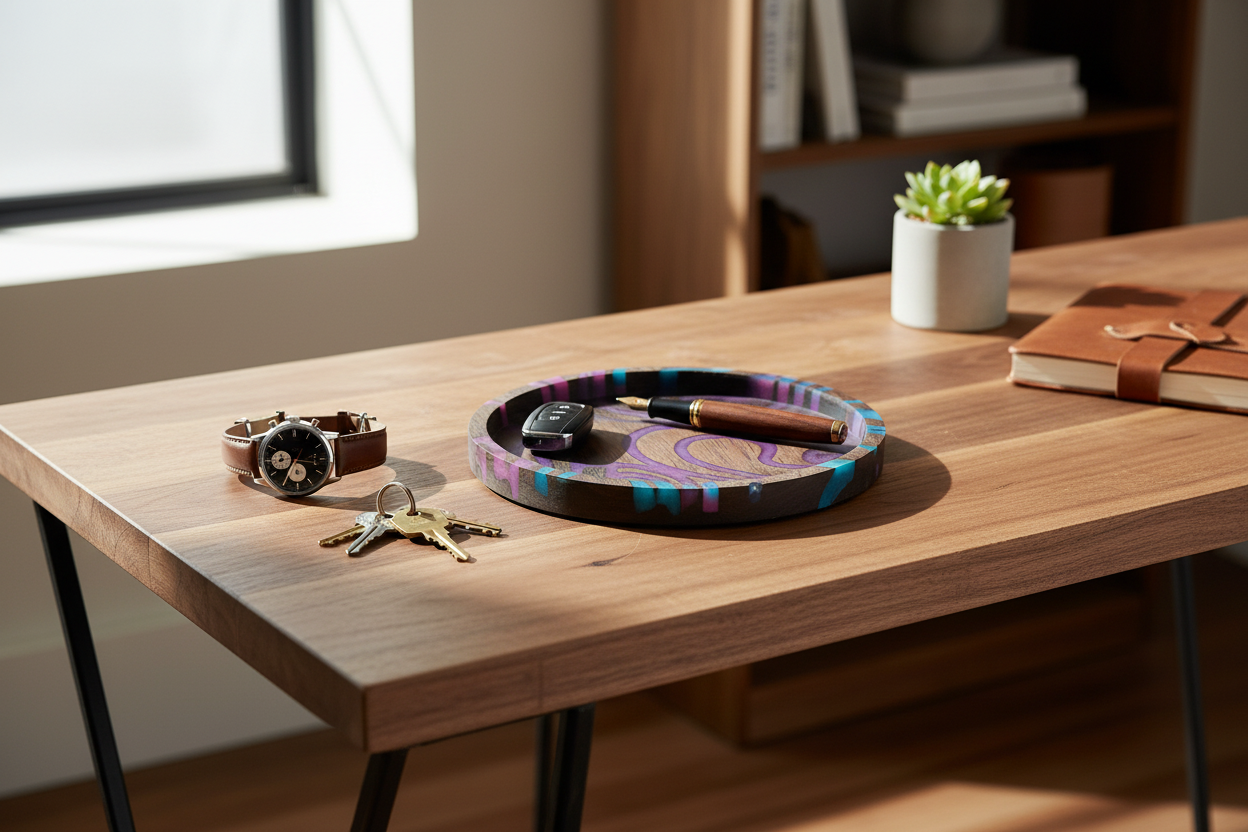 Black walnut purple swirl tray styled on a modern desk with watch, keys and pen