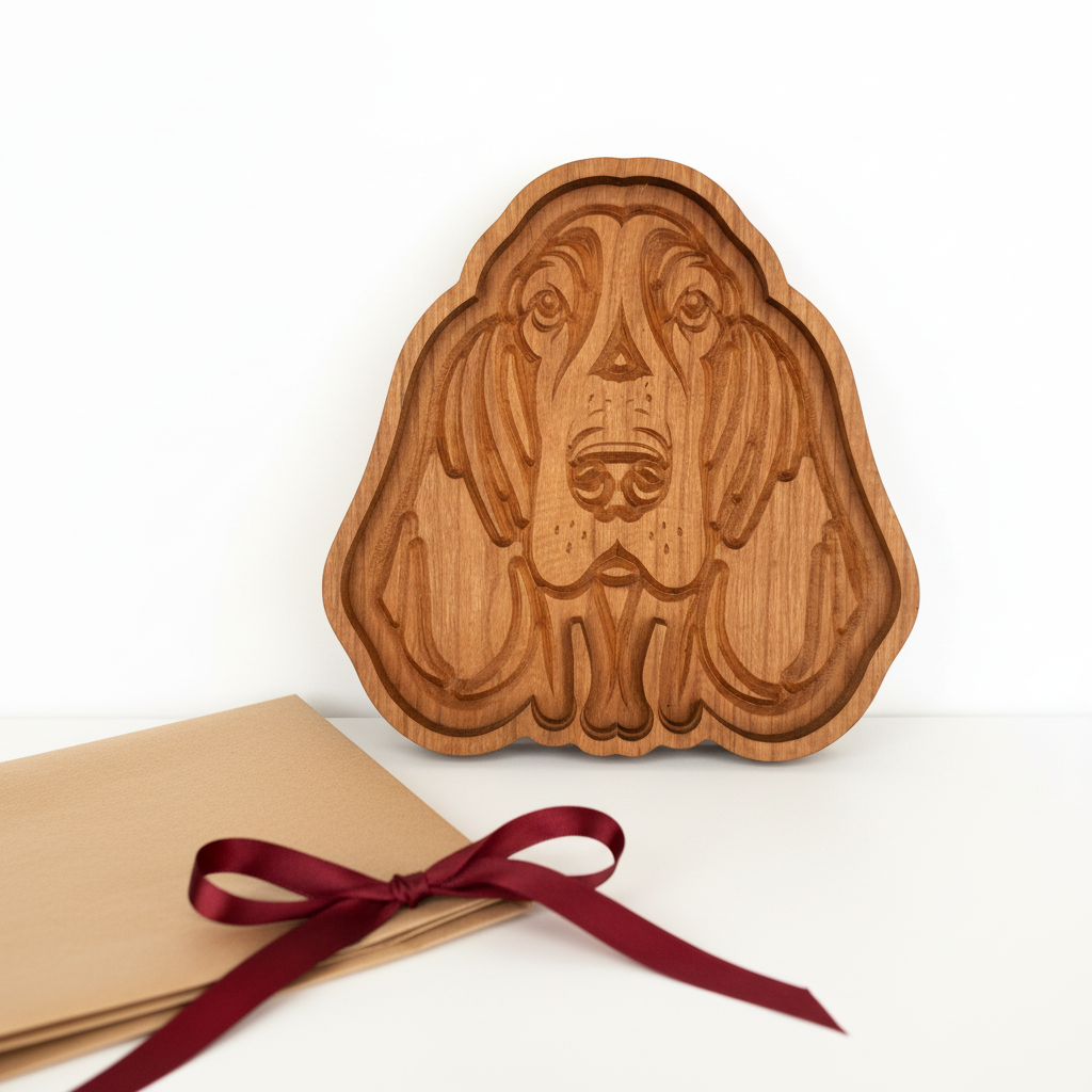 Handcrafted wooden Basset Hound catch-all tray presented as a gift