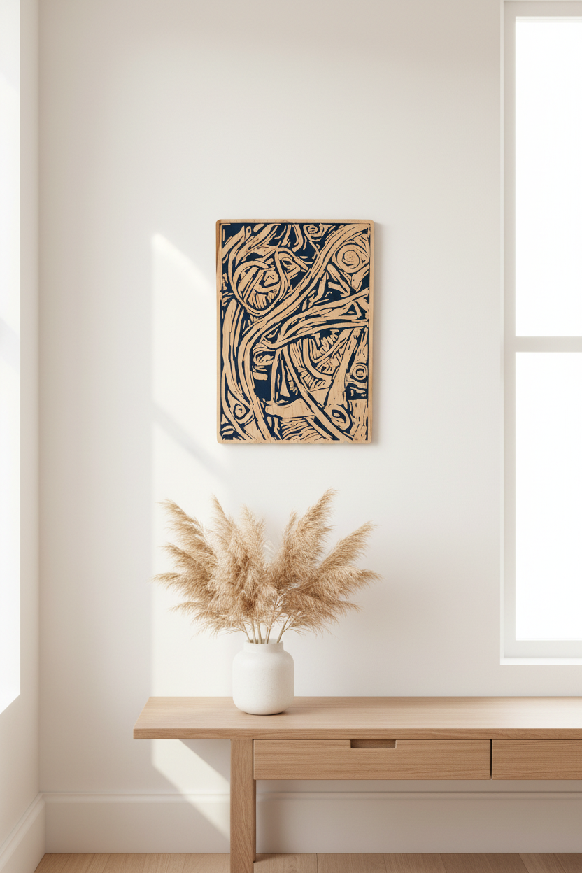 Birch and blue resin wall art mounted on white wall above minimalist console with vase and pampas grass