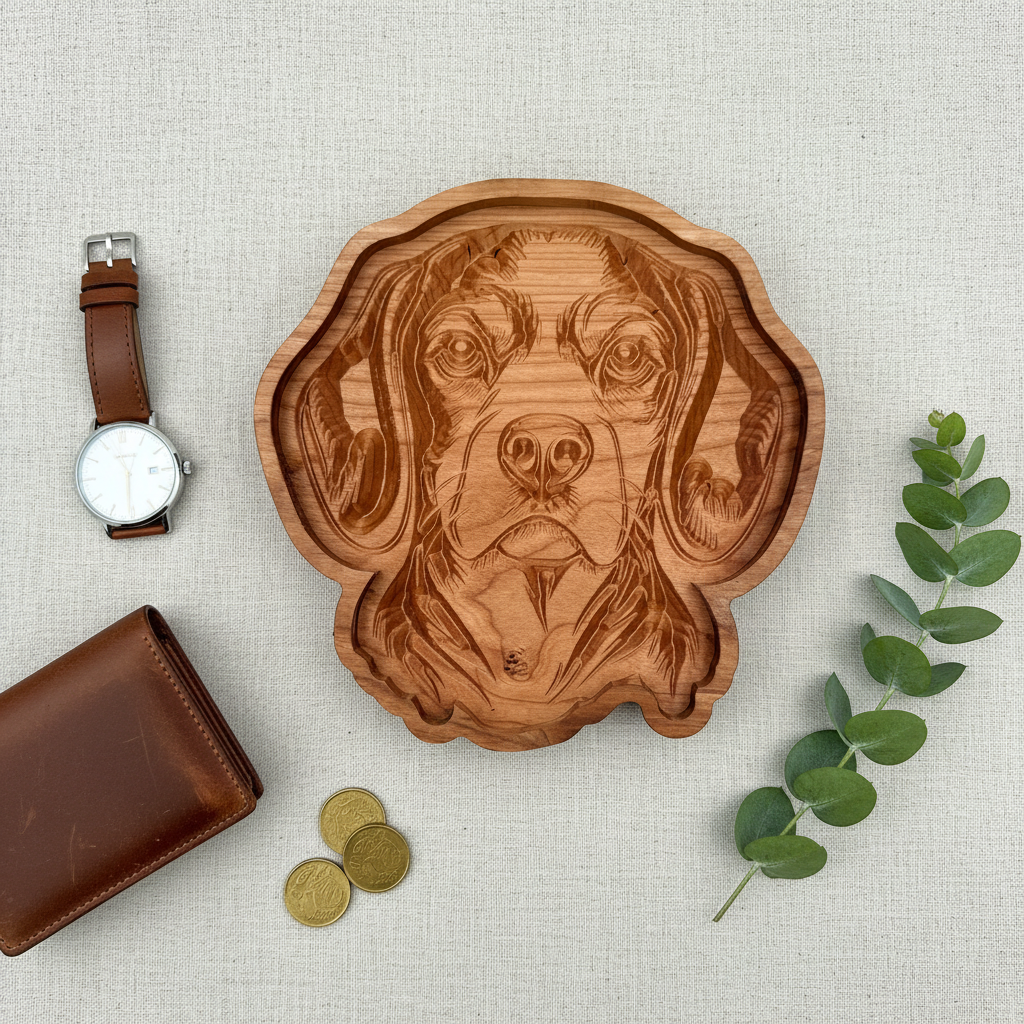 Beagle Cherry Wood Catch-All Tray flat lay with everyday carry items