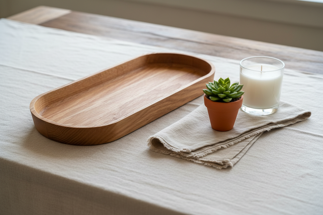 Large Red Oak Bowl on linen tablecloth with candle, plant, and napkin