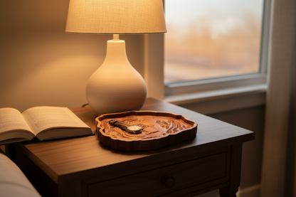 Cherry wood Bernese Mountain Dog catch-all tray styled on a bedside table with a lamp and book