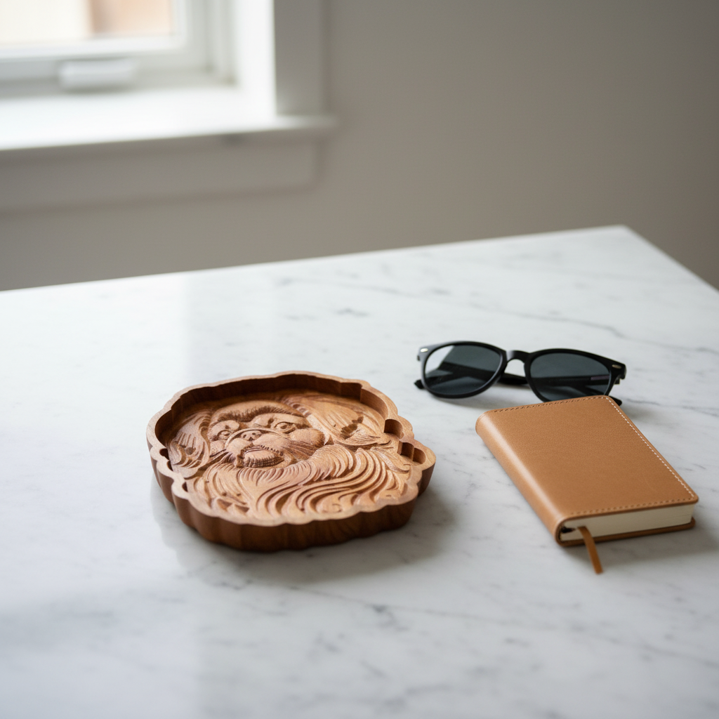 Pekingese cherry wood catch-all tray on a marble countertop with sunglasses and a journal, high angle shot