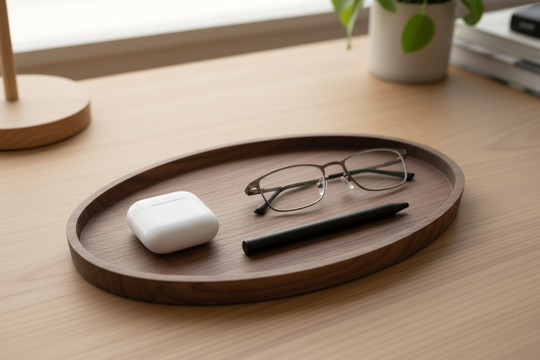 Black Walnut Oval Everything Tray on desk with AirPods, pen, and glasses