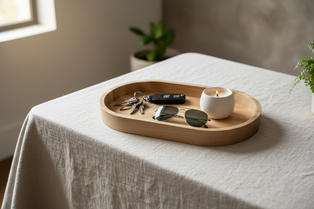 Large Poplar Wood Bowl on entryway table with keys, sunglasses, and candle