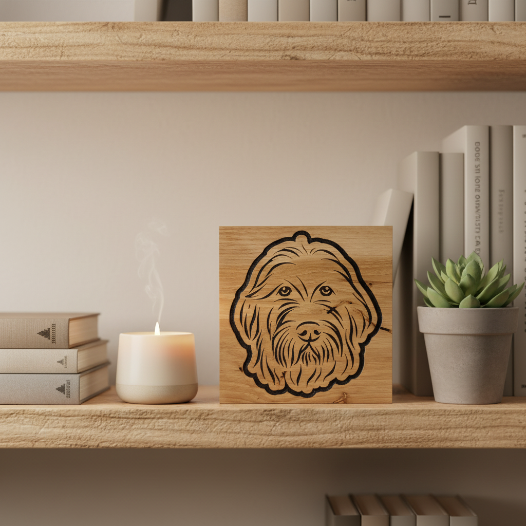 Golden Doodle wood art displayed on a living room shelf