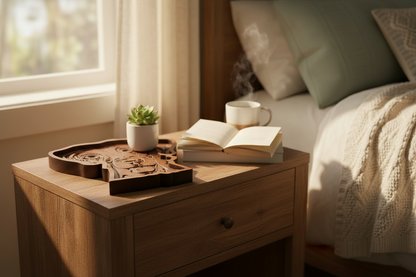 Great Dane engraved cherry wood catch-all tray on a bedroom nightstand with a small succulent