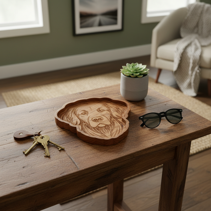 Golden Retriever cherrywood catch-all tray on entryway table with keys and succulent