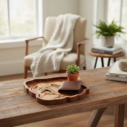 English Bulldog cherry wood catch-all tray on rustic entryway table with keys, wallet, and succulent