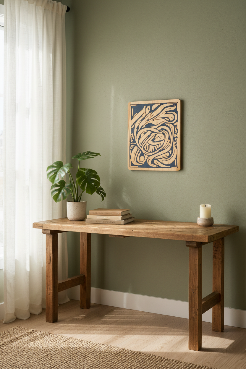 Birch and blue resin wall art mounted on sage green wall above home office desk with plants and books
