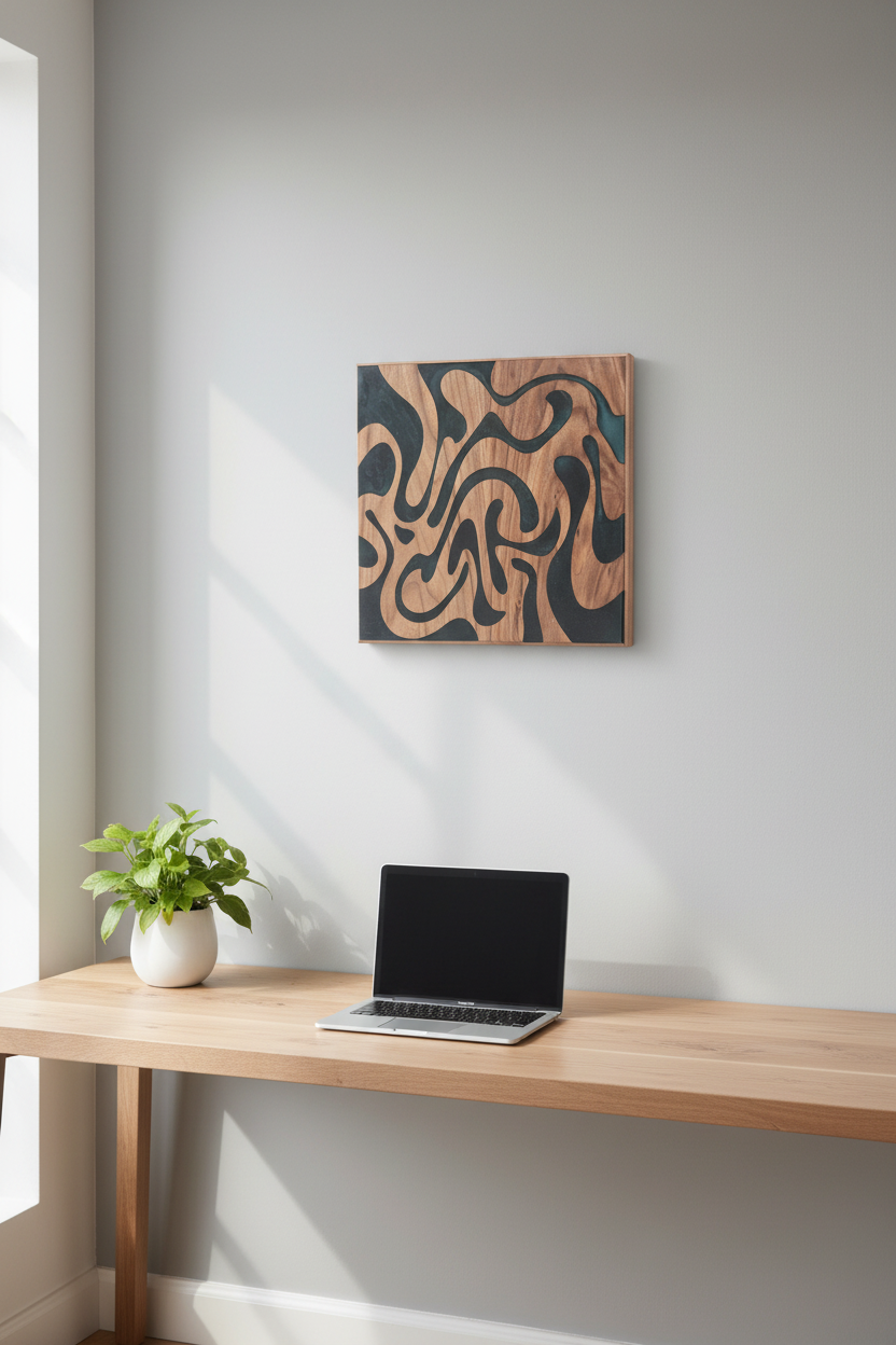 Groovy wall art mounted on gray wall above home office desk with plant