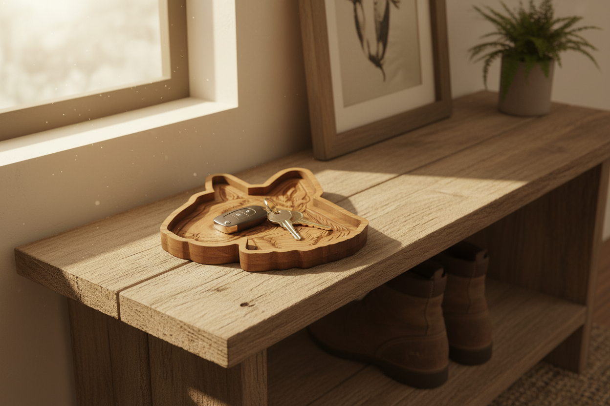 Bull Terrier wooden catch-all tray on entryway shelf with keys in golden hour light