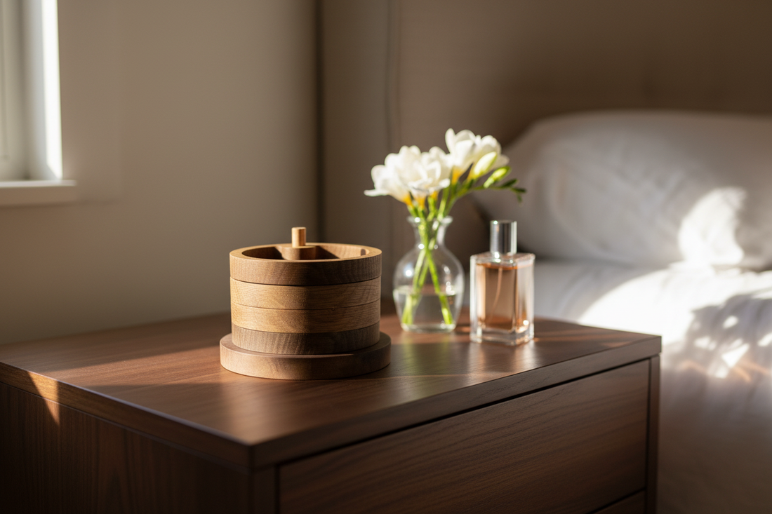 Stacking wooden jewelry organizer on dark wood dresser beside white flowers and perfume bottle