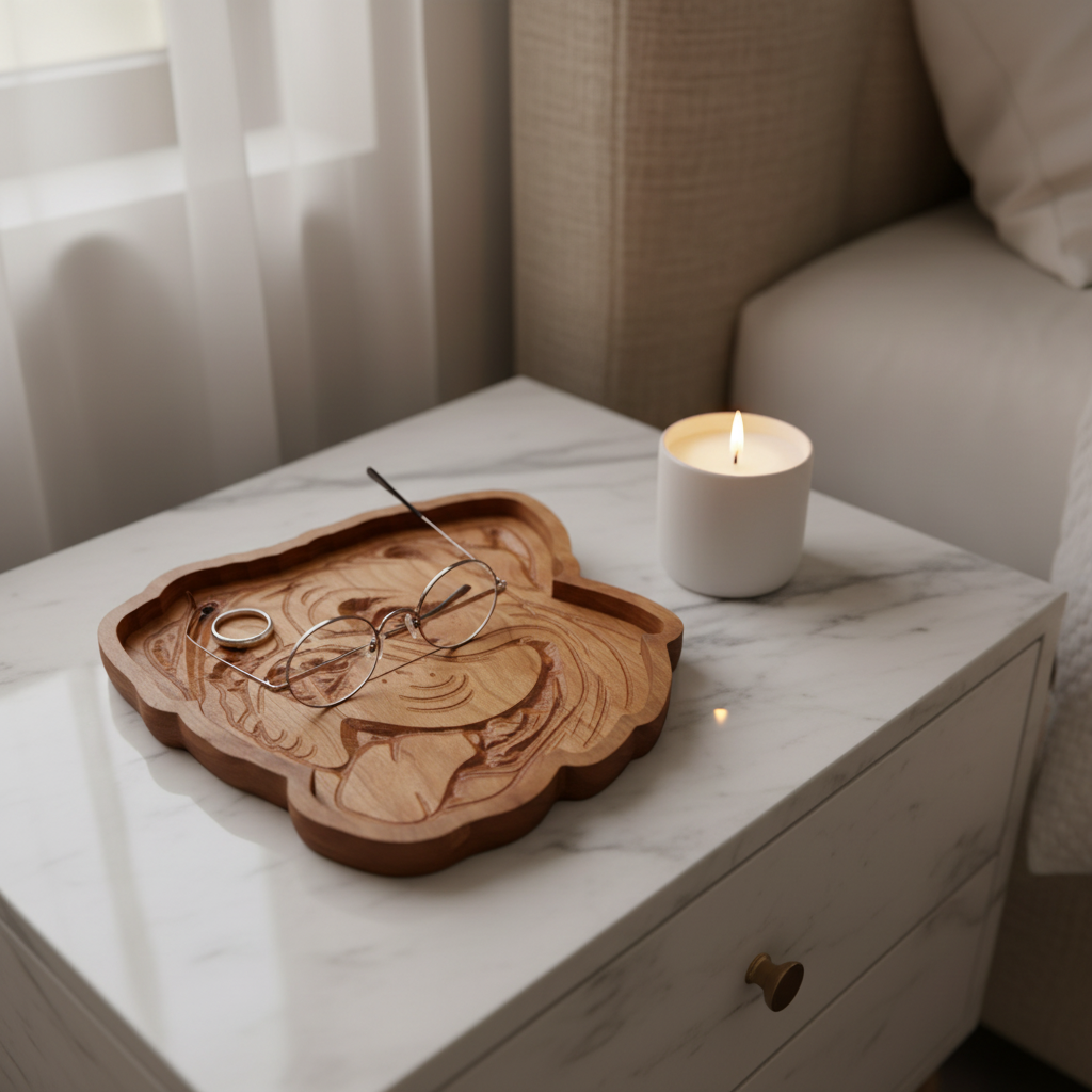 English Bulldog cherry wood catch-all tray on marble nightstand with candle, ring, and reading glasses, high angle shot