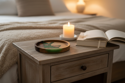Mosaic Star tray on a nightstand with candle and book in cozy bedroom