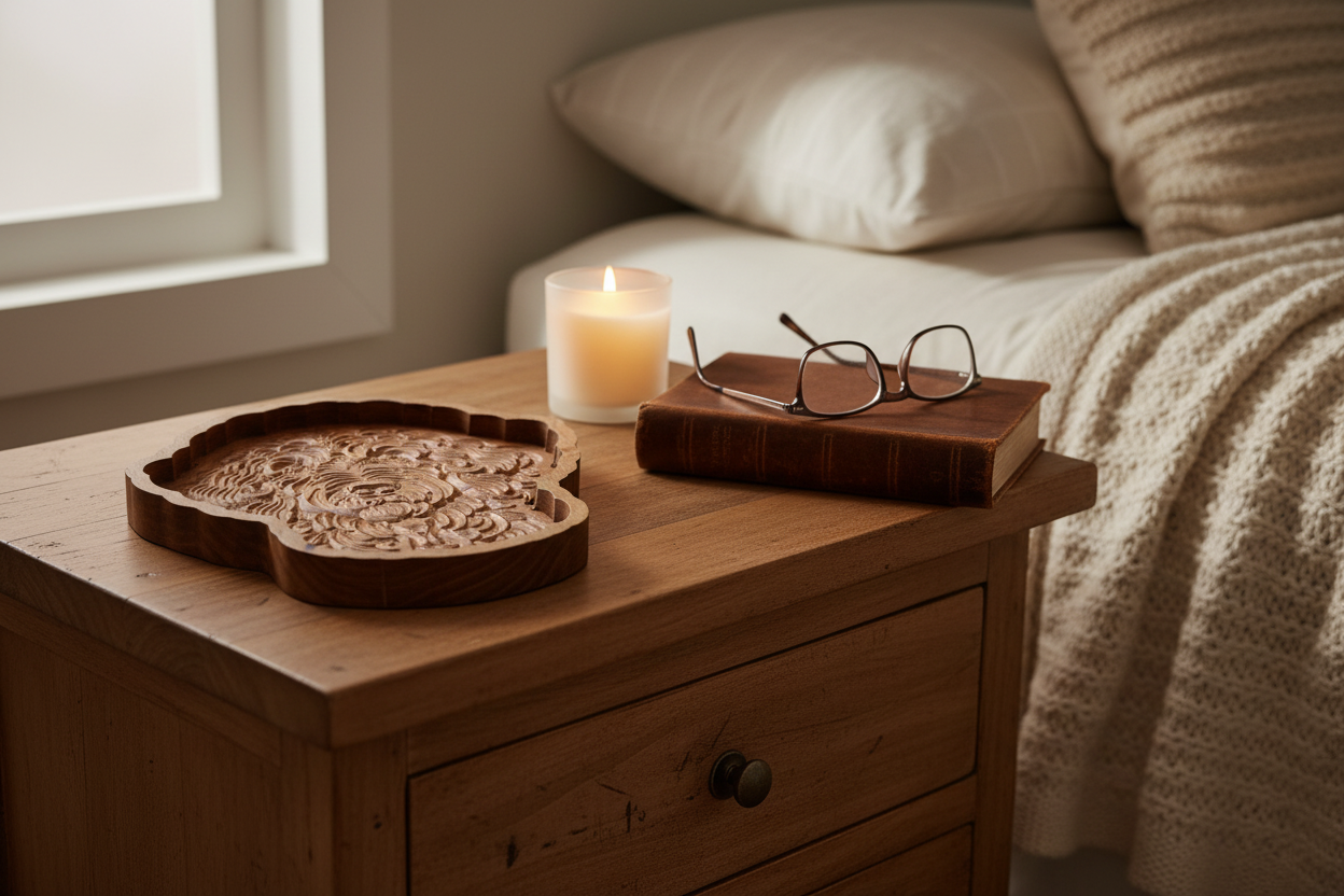 Labradoodle catch-all tray on a nightstand beside a candle, book, and reading glasses
