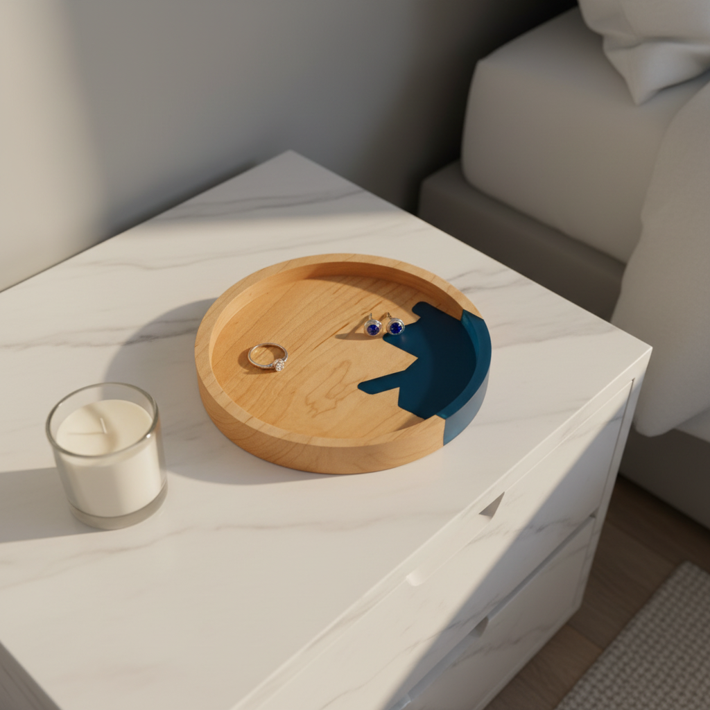 Round wood and blue resin Ocean tray on marble nightstand with candle, ring and earrings