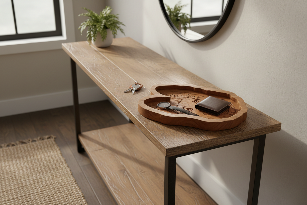Cherrywood German Shepherd catch-all tray on entryway console table with keys, watch, and wallet