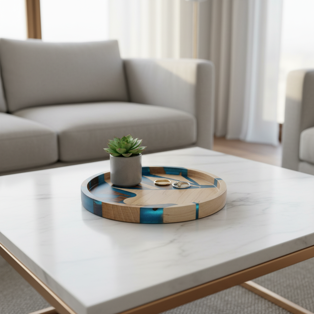 Turquoise mosaic tray on marble coffee table with succulent and rings