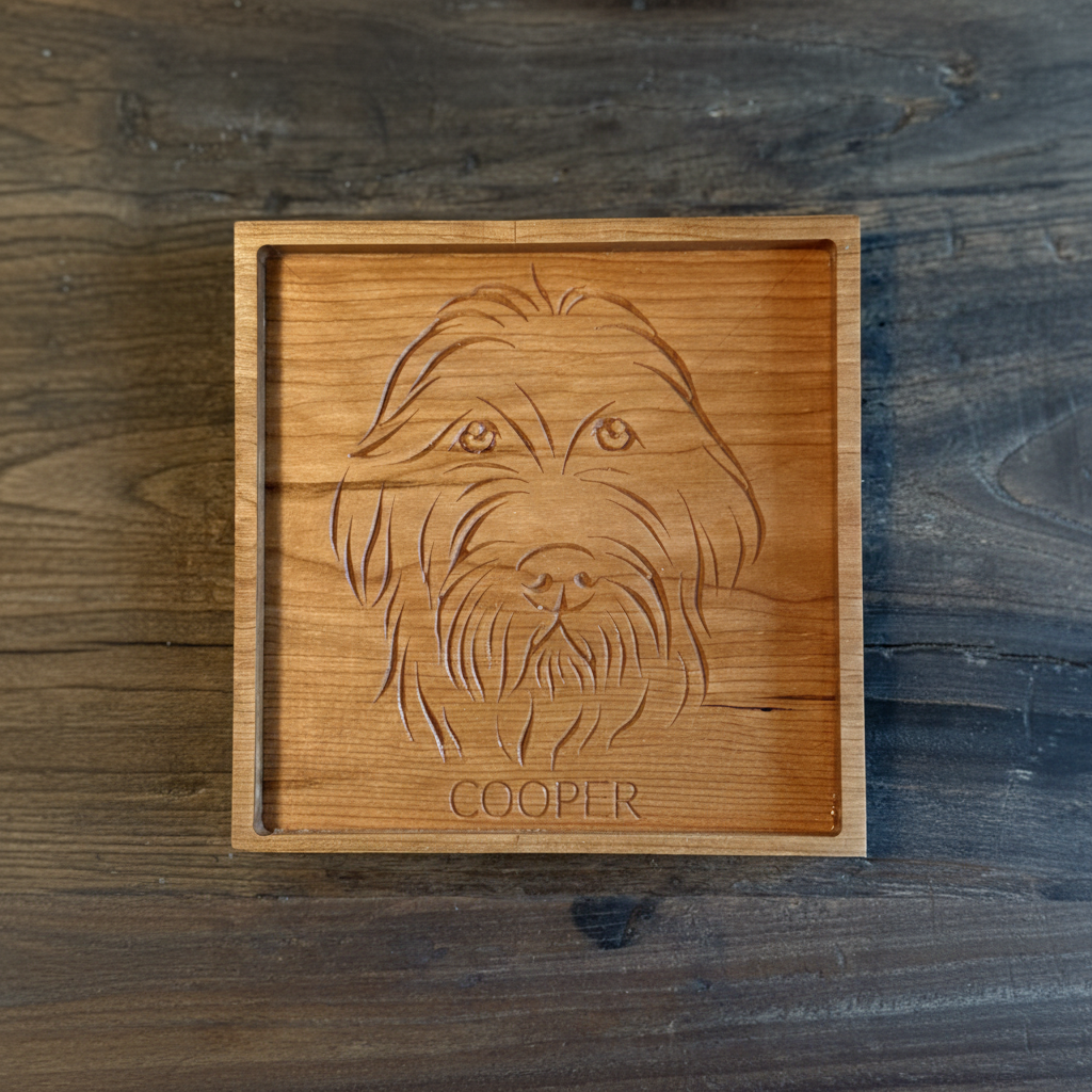 Square engraved wood dog catch-all tray flat lay on dark walnut surface
