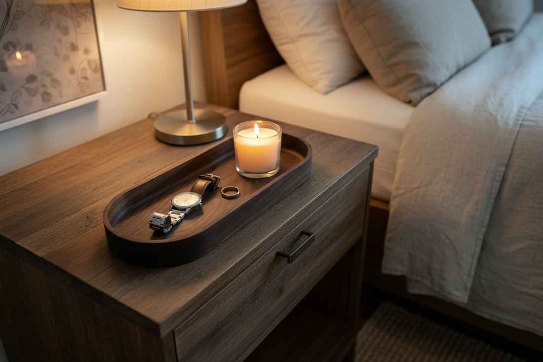 Black walnut oval everything tray on dark wood nightstand with watch, ring and candle